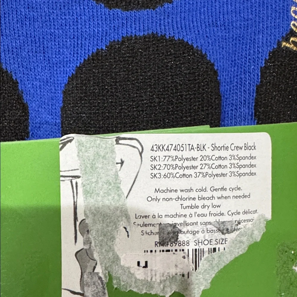 Kate Spade Black and Blue Shortie Crew Socks in Floral Dot and Spade